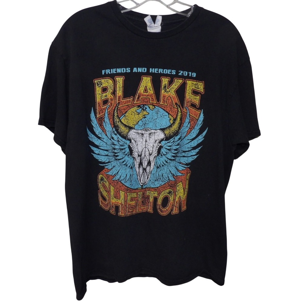 Blake Shelton Friends and Heroes 2019 Tour T-Shirt Black Graphic Tee Mens Large
